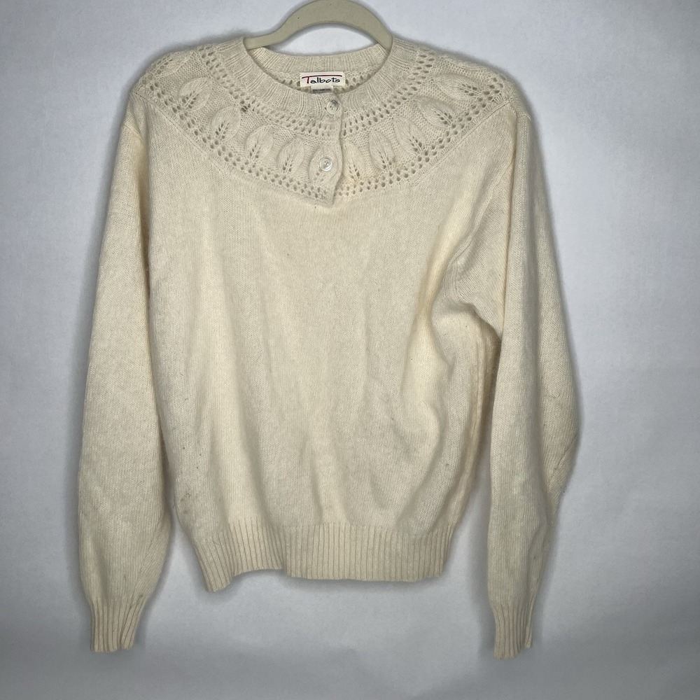 Vtg Talbots Sweater Angora Rabbit Lambs Wool‎ Nylon M Cream Ivory Soft OG 1980s